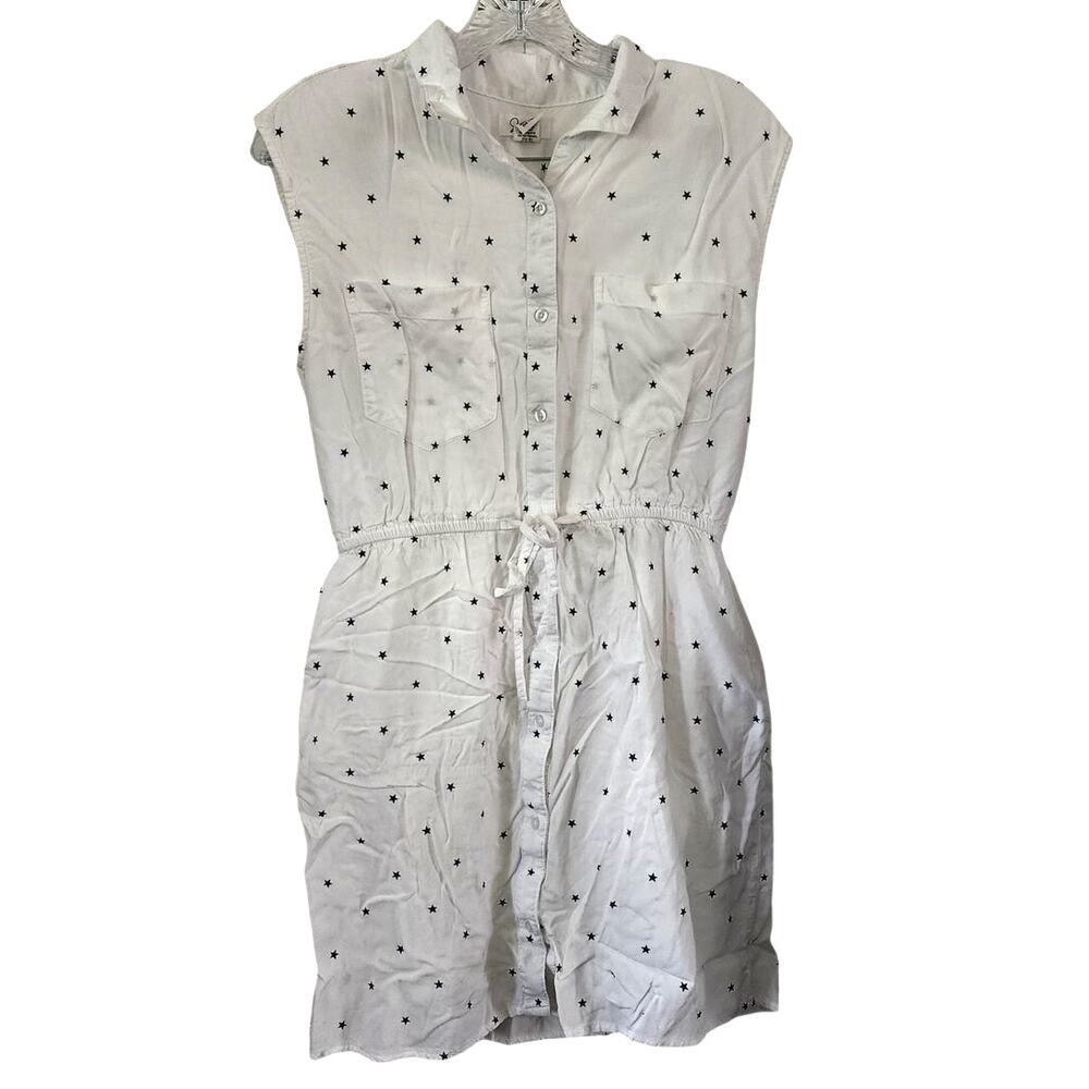 Japna White Blue Stars lined Sleeveless Button Down Shirt Dress Size Medium
